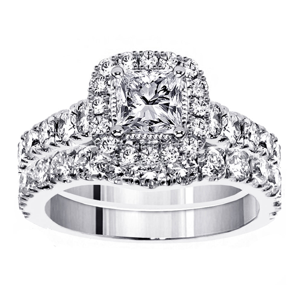 3.00 CT Prong Set Princess Cut Diamond Encrusted Engagement Bridal Set in 14k White Gold