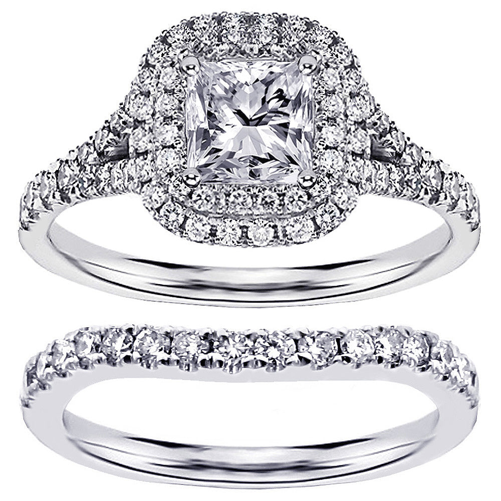 1.50 CT Micro Pave Set Princess-Cut Designer Halo Engagement Bridal Set in 14k White Gold