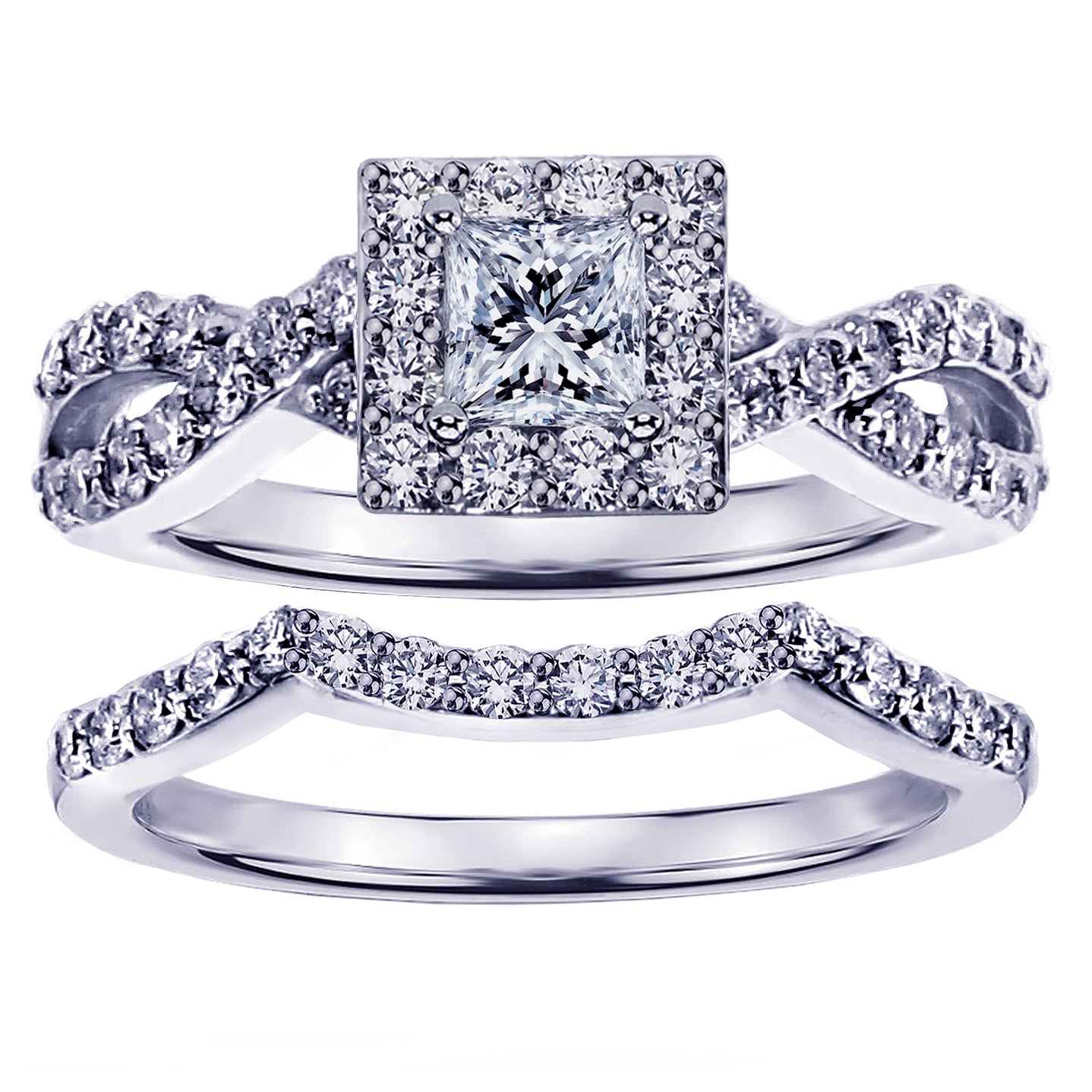 1.15 CT Braided Princess Cut Diamond Engagement Wedding Band Set in 14k White Gold