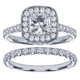 2.42 CT Pave Set Diamond Encrusted Princess Cut Engagement Ring Set in 14k White Gold