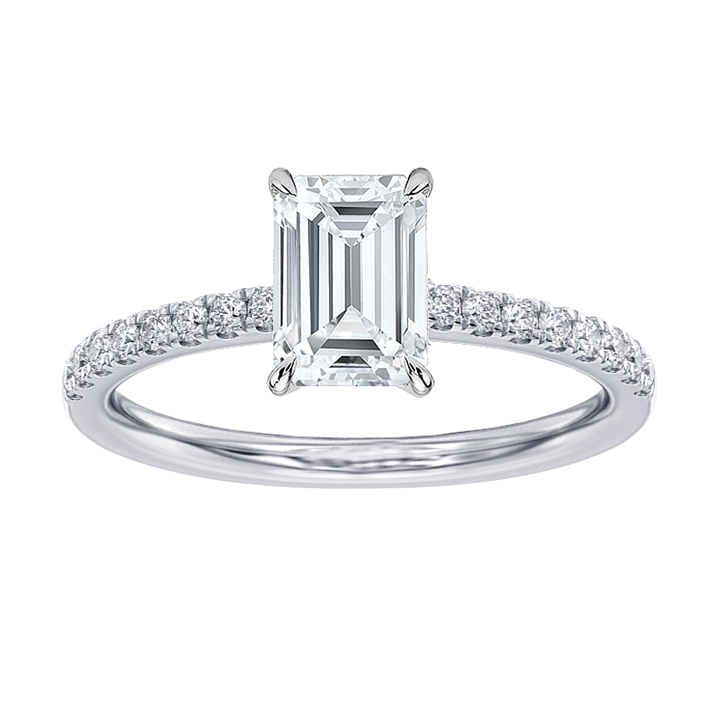 1.35 CT Hidden Halo Emerald Cut Diamond Engagement Ring in White Gold or Platinum