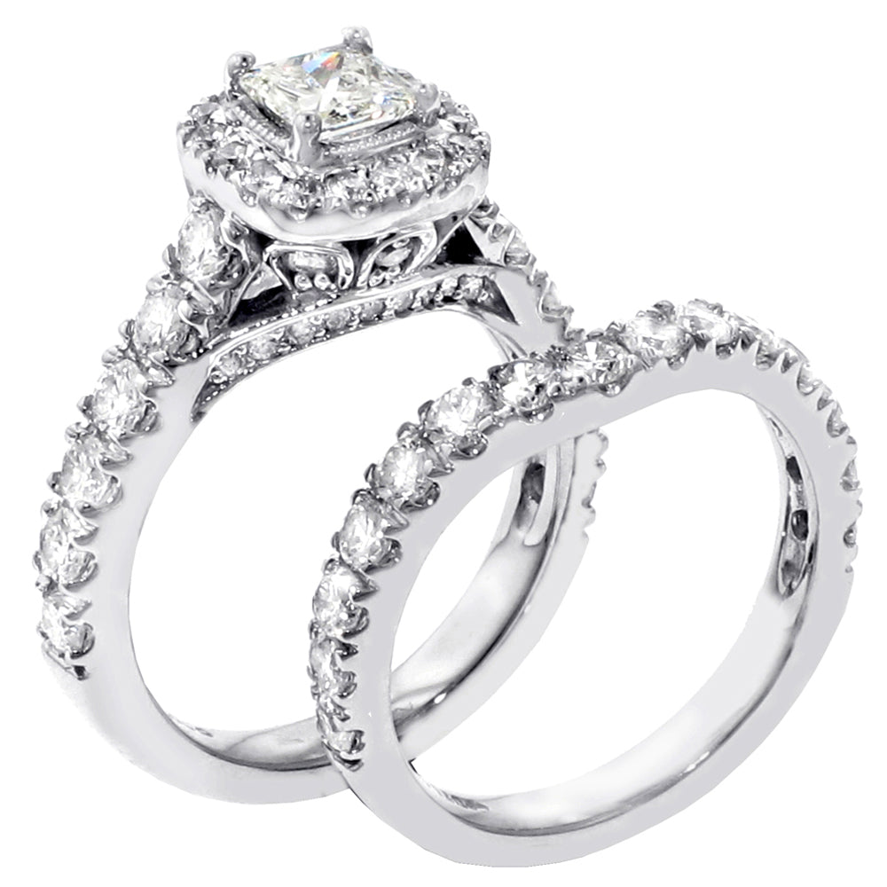 3.00 CT Prong Set Princess Cut Diamond Encrusted Engagement Bridal Set in 14k White Gold