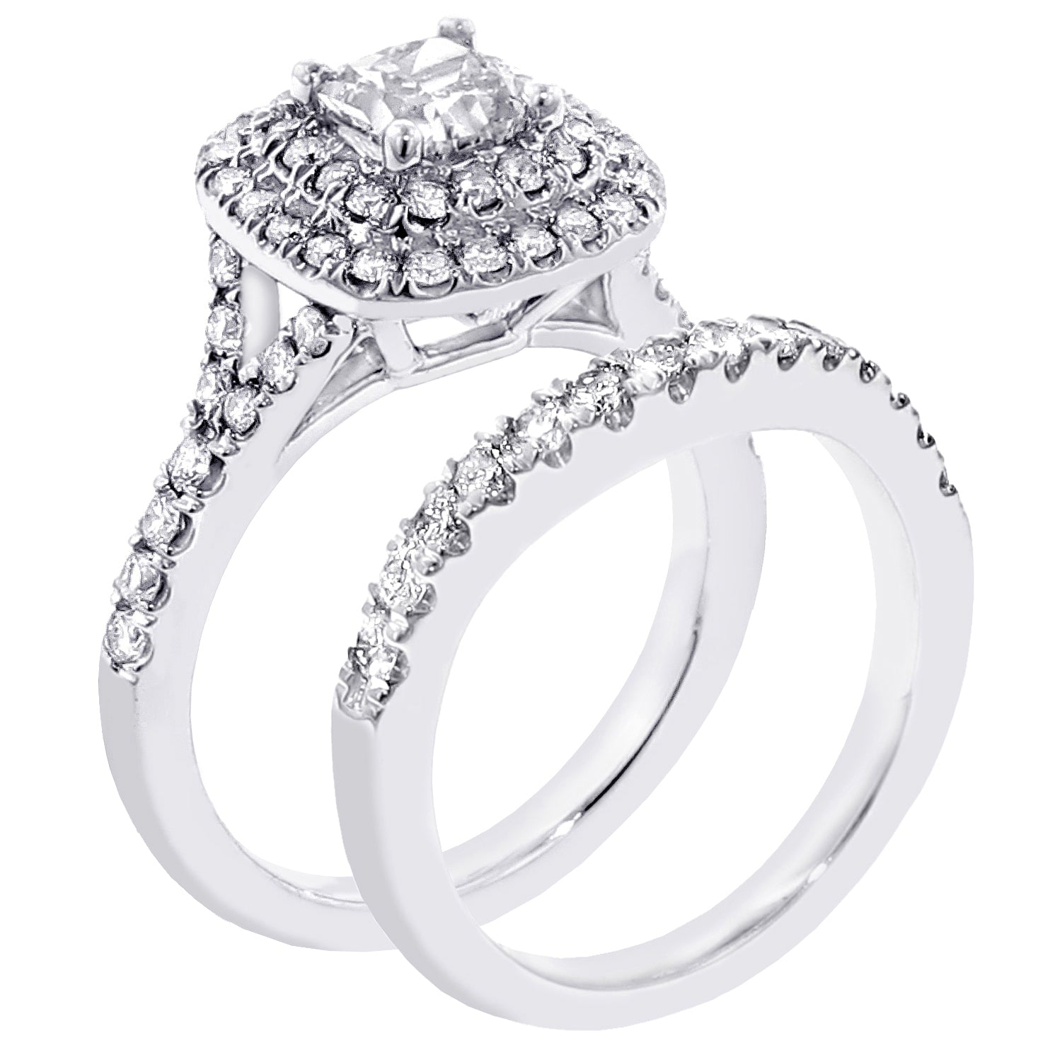 1.50 CT Micro Pave Set Princess-Cut Designer Halo Engagement Bridal Set in 14k White Gold