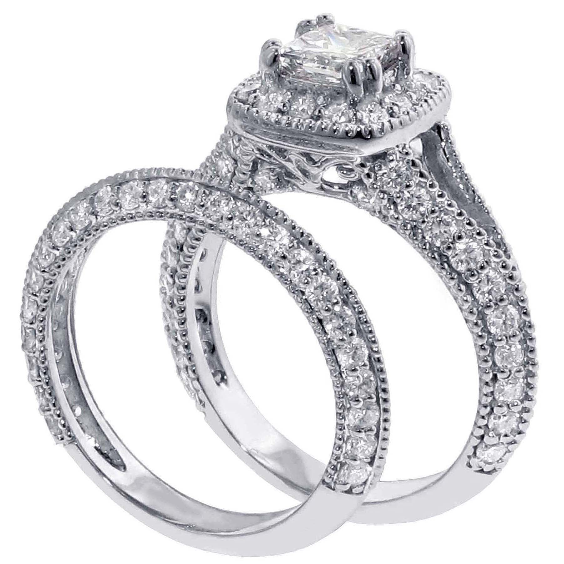 2.40 CT Halo Princess Cut Diamond Engagement Bridal Set in 14k White Gold