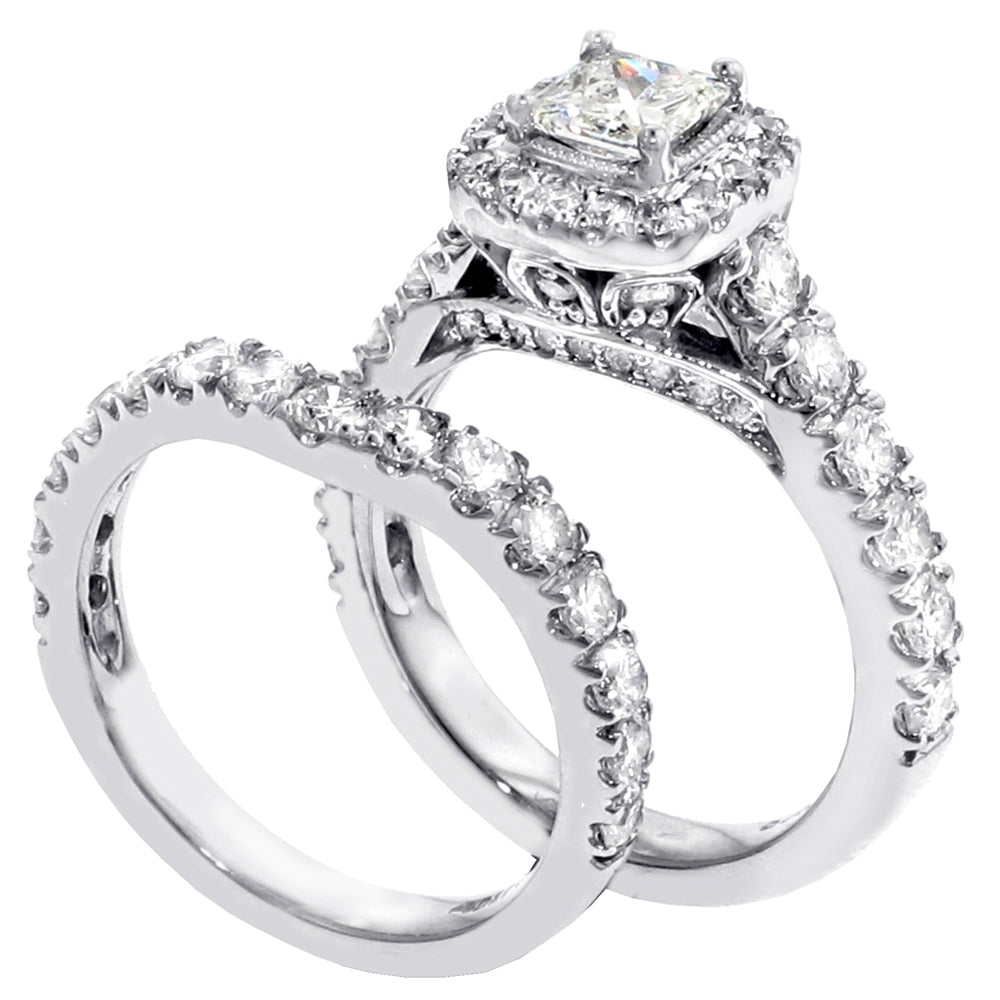 3.00 CT Prong Set Princess Cut Diamond Encrusted Engagement Bridal Set in 14k White Gold