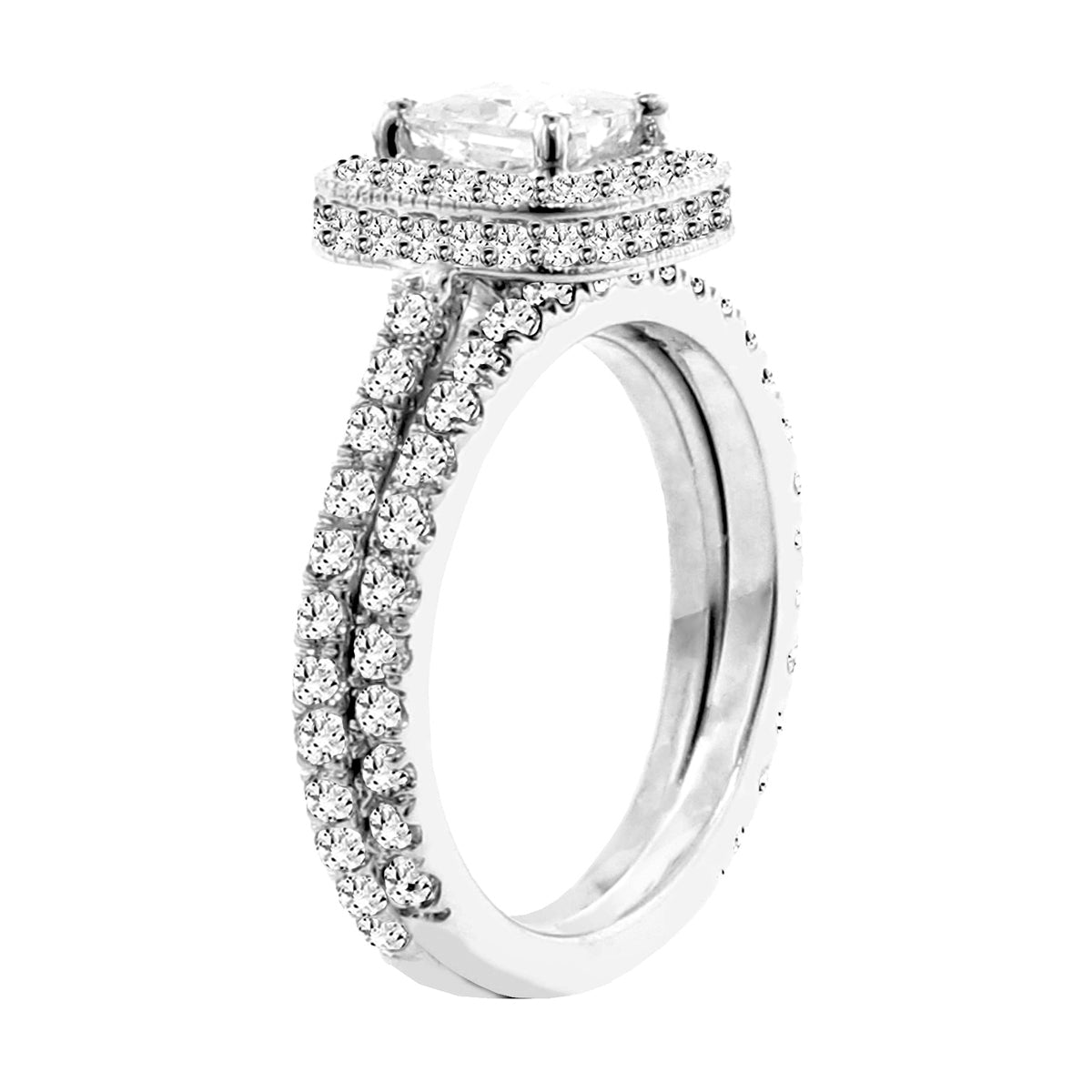 2.70 CT Pave Set Diamond Encrusted Princess Cut Engagement Ring Set in 14k White Fold
