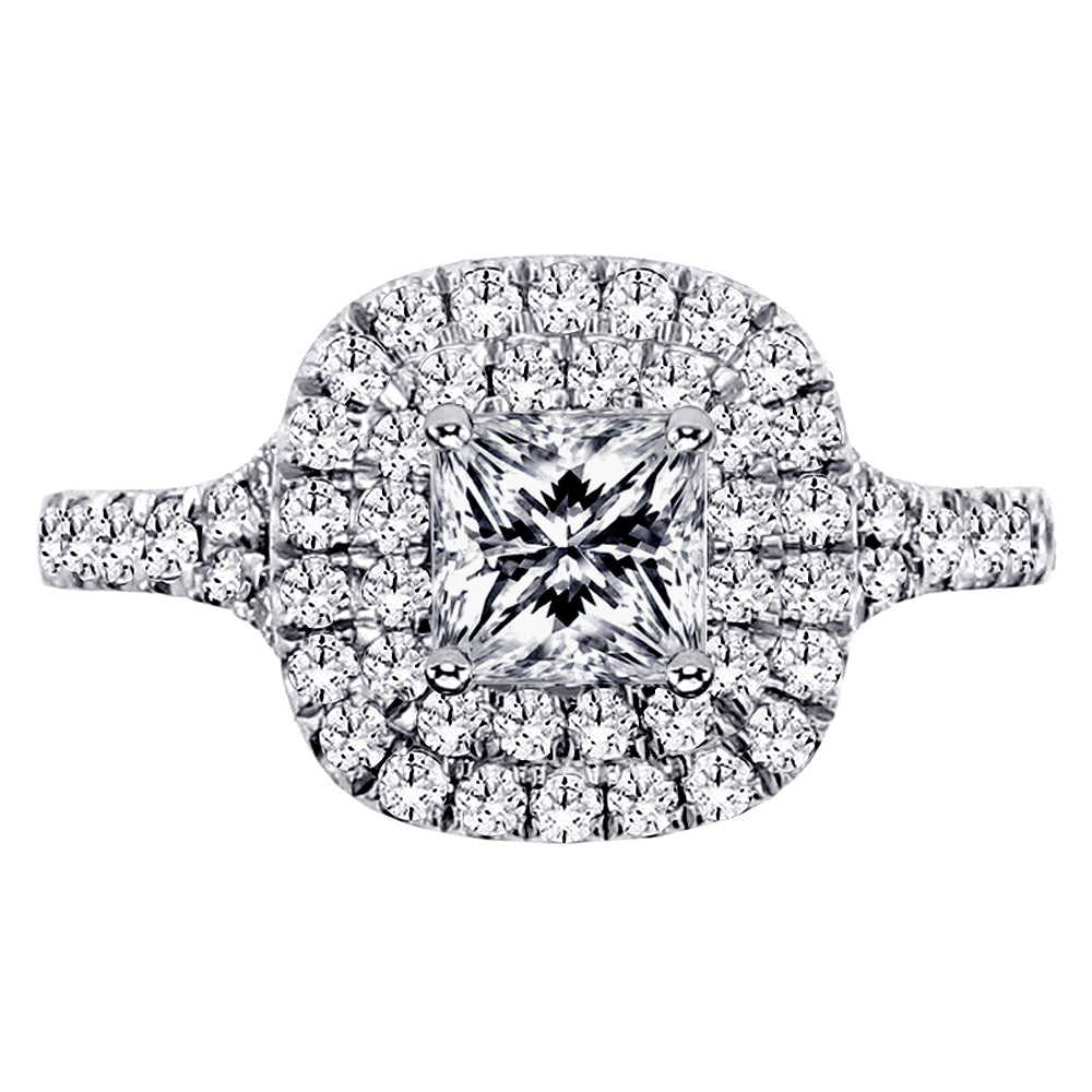 1.50 CT Micro Pave Set Princess-Cut Designer Halo Engagement Bridal Set in 14k White Gold