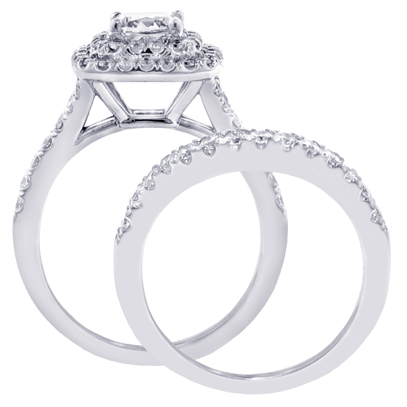 1.50 CT Micro Pave Set Princess-Cut Designer Halo Engagement Bridal Set in 14k White Gold