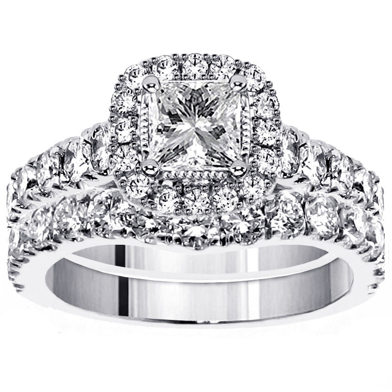 2.90 CT Halo Princess Cut Diamond Encrusted Engagement Bridal Set in 14k White Gold