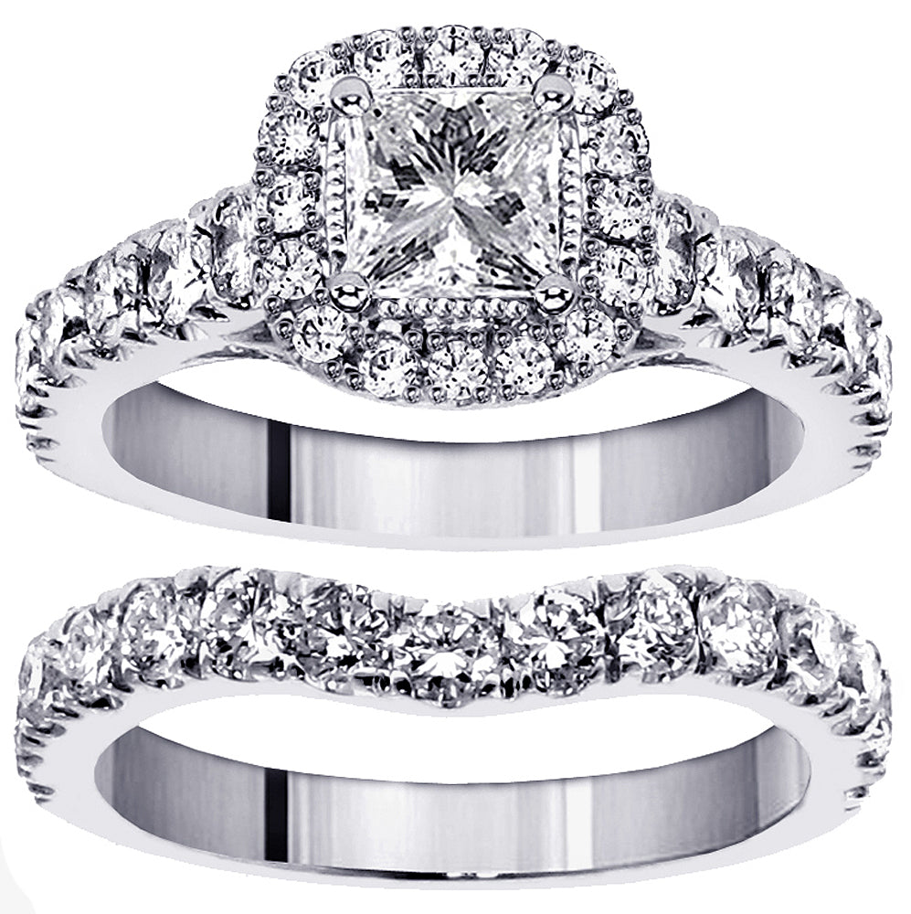 2.90 CT Halo Princess Cut Diamond Encrusted Engagement Bridal Set in 14k White Gold