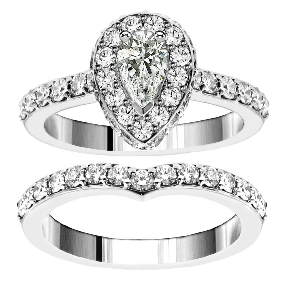 2.20 CT Pear Shape Diamond Engagement Bridal Set in 14k White Gold Pave Setting