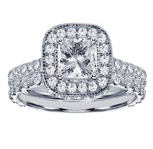 2.70 CT Pave Set Diamond Encrusted Princess Cut Engagement Ring Set in 14k White Fold