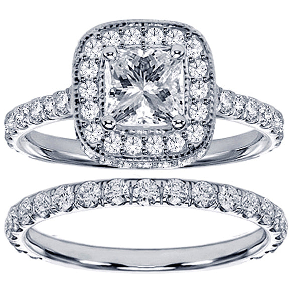 2 CT Pave Set Diamond Encrusted Princess Cut Engagement Bridal Ring Set in 14k Gold