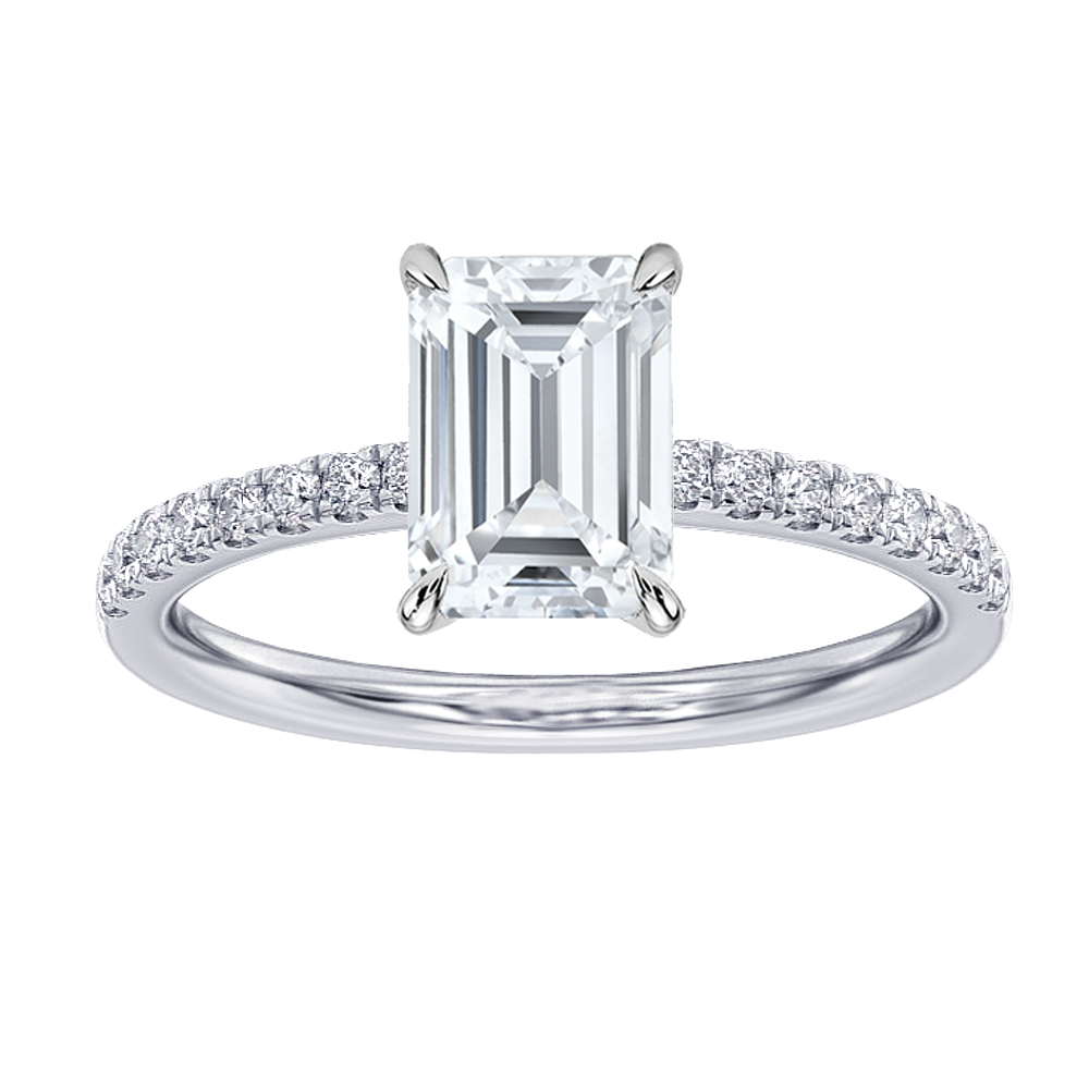 1.85 CT Hidden Halo Emerald Cut Diamond Engagement Ring in White Gold or Platinum