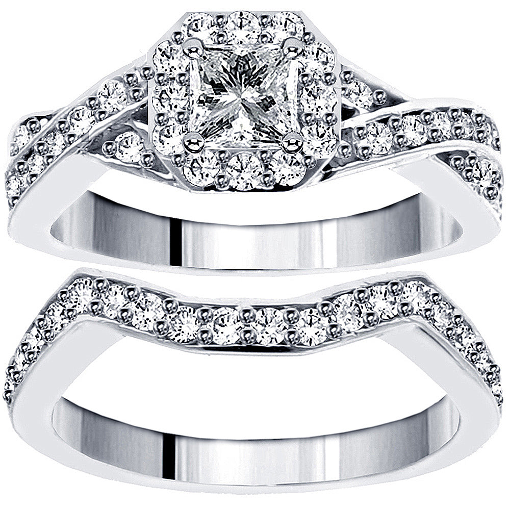 1.30 CT Braided Princess Cut Diamond Engagement Wedding Band Set in 14k White Gold