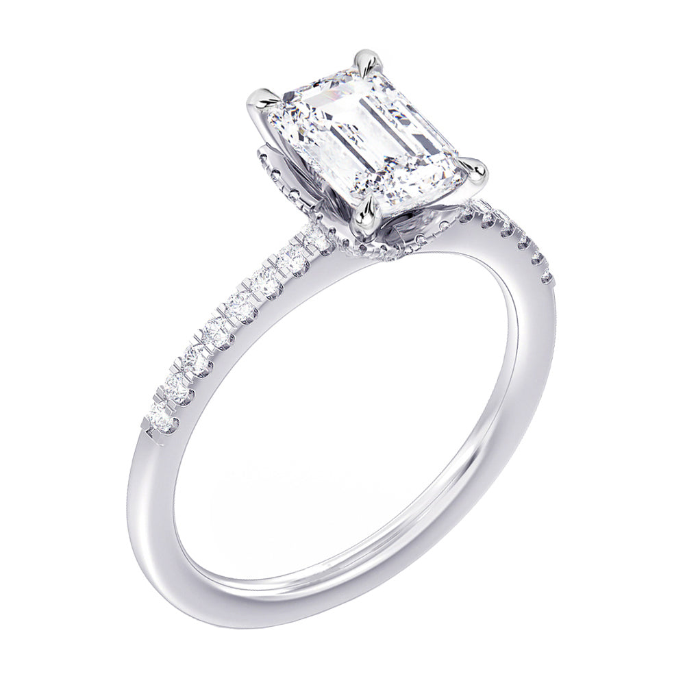 2.35 CT Hidden Halo Emerald Cut Diamond Engagement Ring in White Gold or Platinum