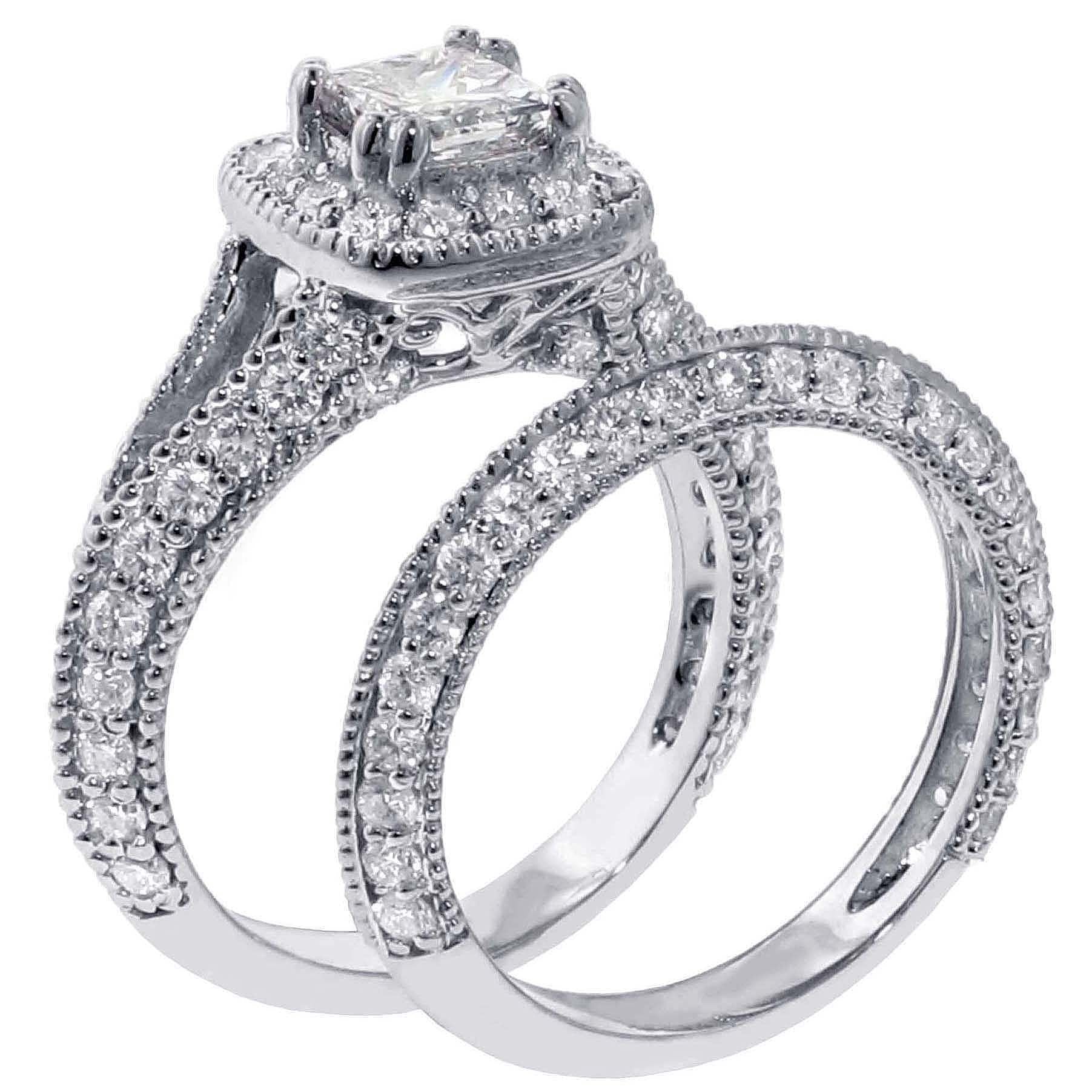 2.40 CT Halo Princess Cut Diamond Engagement Bridal Set in 14k White Gold