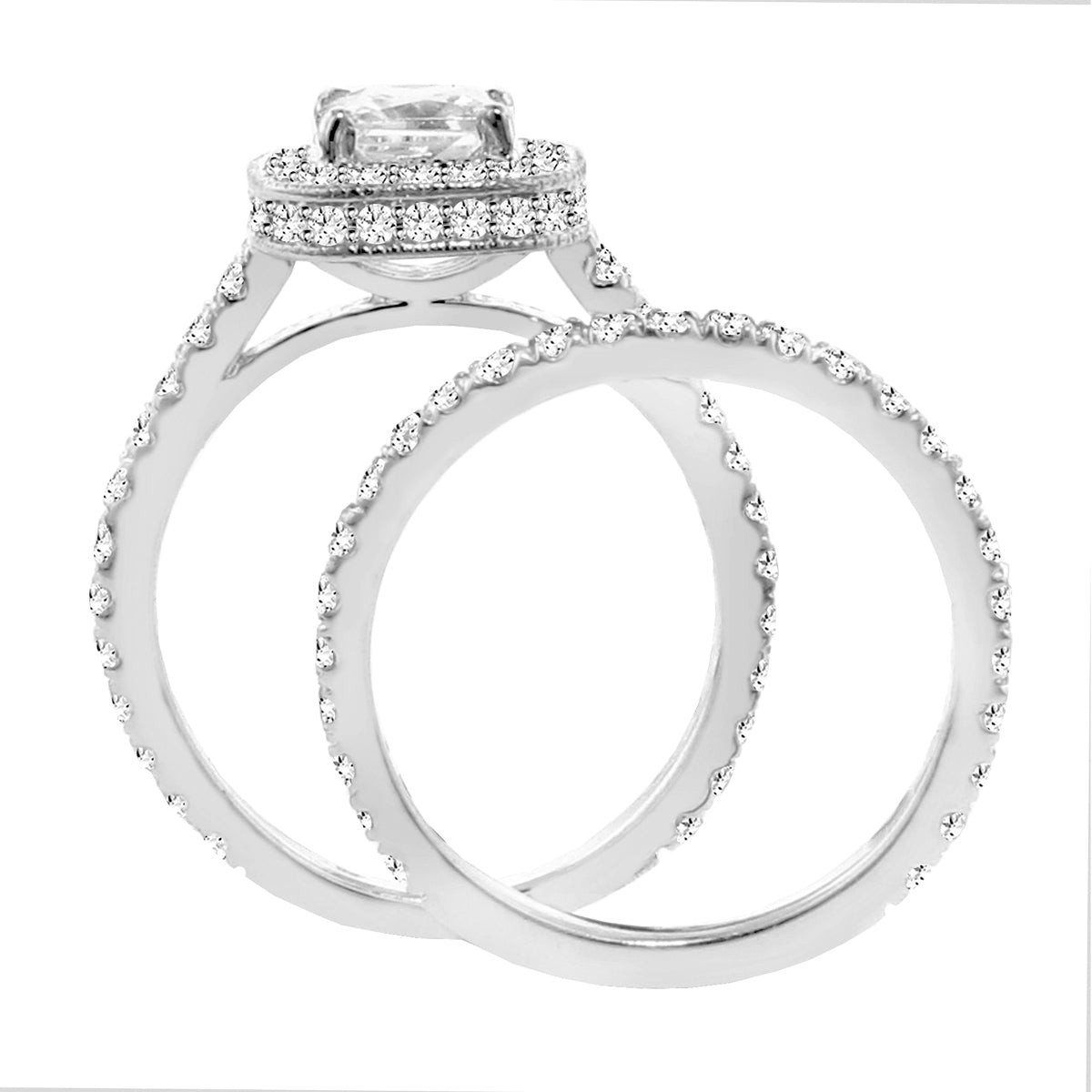 2.70 CT Pave Set Diamond Encrusted Princess Cut Engagement Ring Set in 14k White Fold