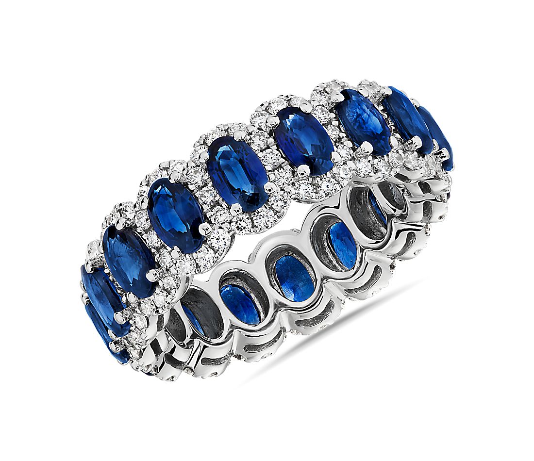 1.00 CT Oval Sapphire and Diamond Halo Eternity Ring in 14k White Gold