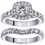 2.90 CT Halo Princess Cut Diamond Encrusted Engagement Bridal Set in 14k White Gold